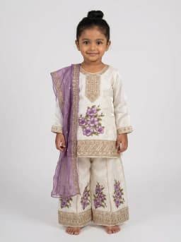 Girls Off-White Floral Kurta Sharara Set With Purple Dupatta