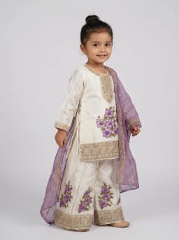 Girls Off-White Floral Kurta Sharara Set With Purple Dupatta