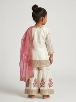 Girls Ivory Floral Kurti and Sharara Set with Rose Pink Dupatta