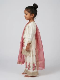 Girls Ivory Floral Kurti and Sharara Set with Rose Pink Dupatta