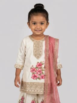 Girls Ivory Floral Kurti and Sharara Set with Rose Pink Dupatta