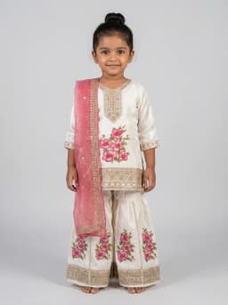 Girls Ivory Floral Kurti and Sharara Set with Rose Pink Dupatta