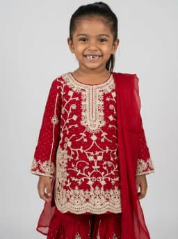 Girls Crimson Red Embroidered Kurti with Sharara and Dupatta Set