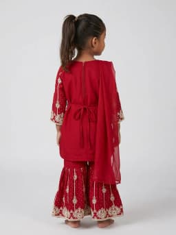 Girls Crimson Red Embroidered Kurti with Sharara and Dupatta Set