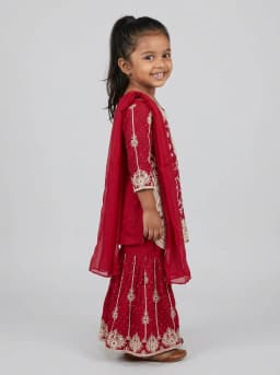 Girls Crimson Red Embroidered Kurti with Sharara and Dupatta Set
