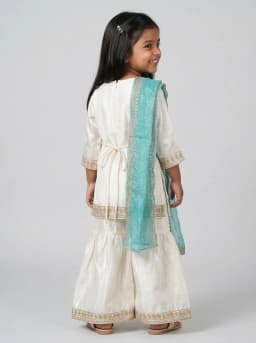 Girls Ivory and Turquoise Blue Embroidered Sharara Suit Set with Dupatta