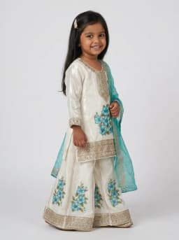 Girls Ivory and Turquoise Blue Embroidered Sharara Suit Set with Dupatta