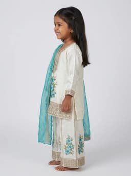 Girls Ivory and Turquoise Blue Embroidered Sharara Suit Set with Dupatta