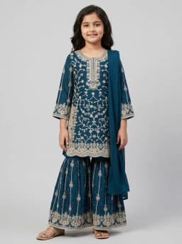 Girls Teal Blue Embroidered Kurti with Sharara and Dupatta Set