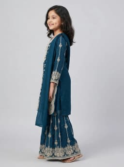 Girls Teal Blue Embroidered Kurti with Sharara and Dupatta Set
