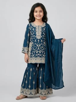 Girls Teal Blue Embroidered Kurti with Sharara and Dupatta Set