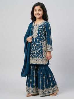 Girls Teal Blue Embroidered Kurti with Sharara and Dupatta Set
