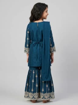 Girls Teal Blue Embroidered Kurti with Sharara and Dupatta Set