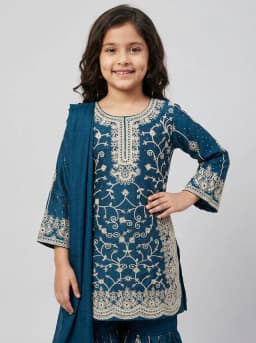 Girls Teal Blue Embroidered Kurti with Sharara and Dupatta Set