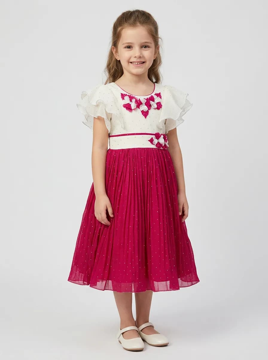 Girls Off-White and Magenta Pink Pleated Party Frock with 3D Florals