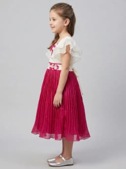 Girls Off-White and Magenta Pink Pleated Party Frock with 3D Florals