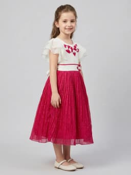 Girls Off-White and Magenta Pink Pleated Party Frock with 3D Florals