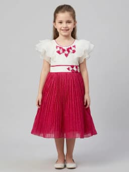 Girls Off-White and Magenta Pink Pleated Party Frock with 3D Florals