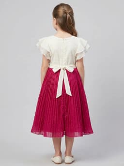 Girls Off-White and Magenta Pink Pleated Party Frock with 3D Florals