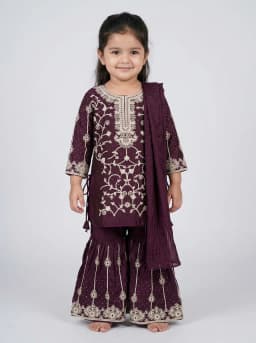 Girls Deep Wine Embroidered Kurti with Sharara and Dupatta Set