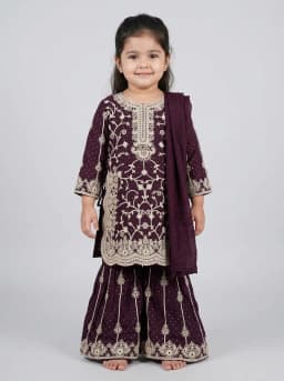 Girls Deep Wine Embroidered Kurti with Sharara and Dupatta Set