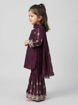 Girls Deep Wine Embroidered Kurti with Sharara and Dupatta Set