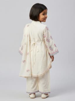 Girls Off-White Embroidered High-Low Kurti with Palazzo and Dupatta Set