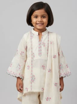 Girls Off-White Embroidered High-Low Kurti with Palazzo and Dupatta Set