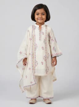 Girls Off-White Embroidered High-Low Kurti with Palazzo and Dupatta Set