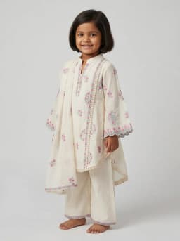 Girls Off-White Embroidered High-Low Kurti with Palazzo and Dupatta Set