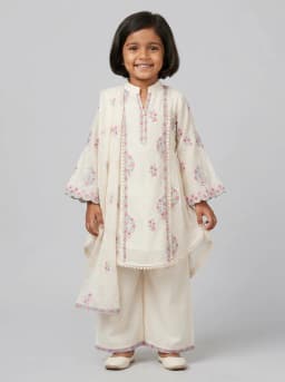 Girls Off-White Embroidered High-Low Kurti with Palazzo and Dupatta Set