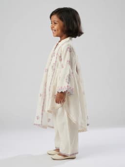Girls Off-White Embroidered High-Low Kurti with Palazzo and Dupatta Set