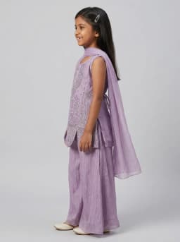 Girls Lavender Embroidered Kurti with Flared Palazzo and Dupatta Set