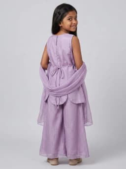 Girls Lavender Embroidered Kurti with Flared Palazzo and Dupatta Set
