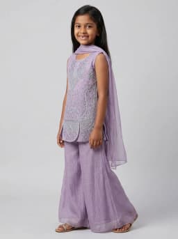 Girls Lavender Embroidered Kurti with Flared Palazzo and Dupatta Set