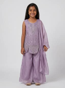 Girls Lavender Embroidered Kurti with Flared Palazzo and Dupatta Set