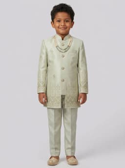 Boys Pale Sage Green Embroidered Sherwani and Trouser Set with Mala