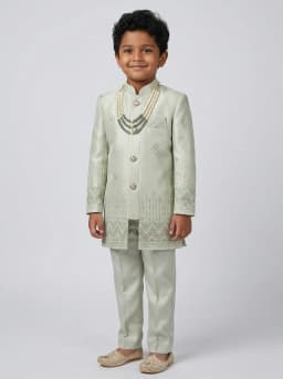 Boys Pale Sage Green Embroidered Sherwani and Trouser Set with Mala