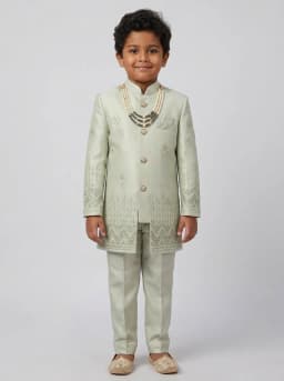 Boys Pale Sage Green Embroidered Sherwani and Trouser Set with Mala
