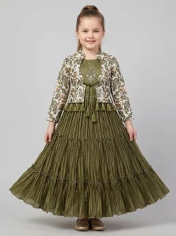Girls Olive Green Tiered Pleated Gown with Paisley Printed Shrug Set