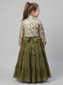Girls Olive Green Tiered Pleated Gown with Paisley Printed Shrug Set