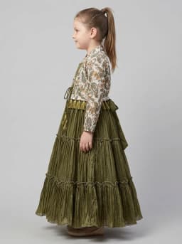 Girls Olive Green Tiered Pleated Gown with Paisley Printed Shrug Set