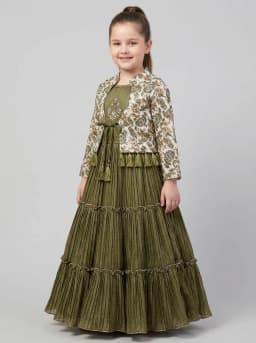 Girls Olive Green Tiered Pleated Gown with Paisley Printed Shrug Set