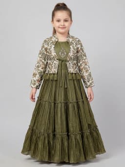 Girls Olive Green Tiered Pleated Gown with Paisley Printed Shrug Set
