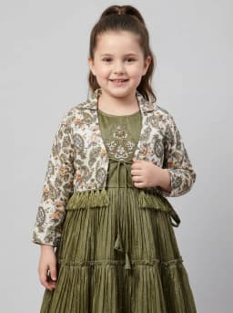 Girls Olive Green Tiered Pleated Gown with Paisley Printed Shrug Set