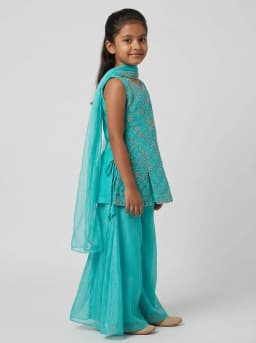 Girls Turquoise Blue Embroidered Peplum Kurti with Sharara Pants and Dupatta Set