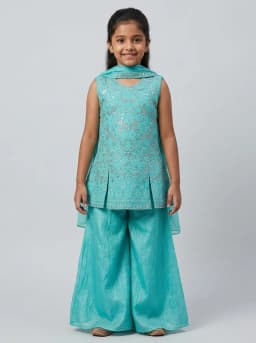 Girls Turquoise Blue Embroidered Peplum Kurti with Sharara Pants and Dupatta Set