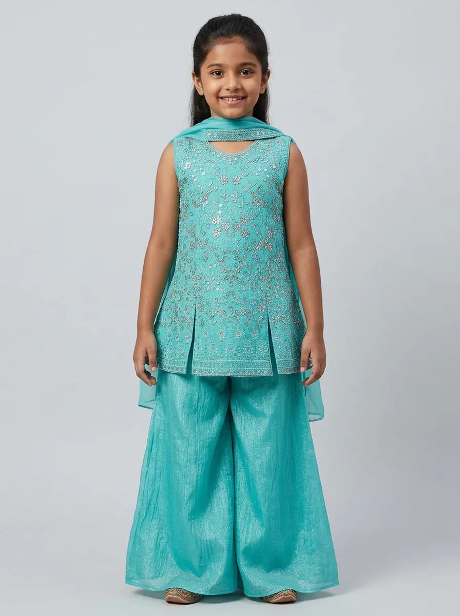 Girls Turquoise Blue Embroidered Peplum Kurti with Sharara Pants and Dupatta Set