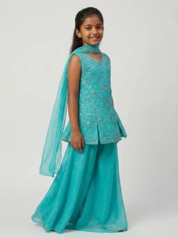 Girls Turquoise Blue Embroidered Peplum Kurti with Sharara Pants and Dupatta Set
