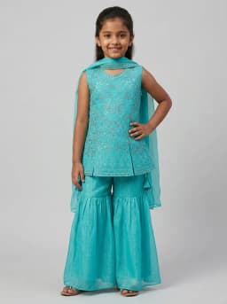 Girls Turquoise Blue Embroidered Peplum Kurti with Sharara Pants and Dupatta Set